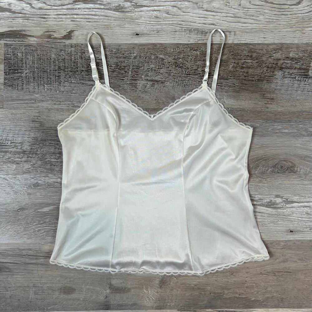 Cream Satin Camisole Top Adjustable Straps Lace Trim Y2K Coquette Balletcore S